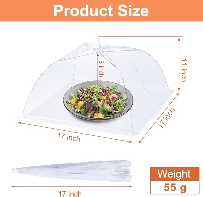 Husfunov 6 Pack Mesh Food Covers,17"Lx17"W Large Food Cover,White Nylon Covers,Pop-Up Serving Dish Covers Tent Umbrella,for Patio Net for Outdoor Camping, Picnics, Parties,BBQ,Collapsible and Reusable
