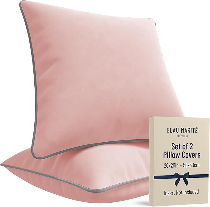2 Pack Velvet Decorative Throw Pillow Covers, 20"x20", Pink and Grey, Solid, Modern, Contrast Piping, Indoor Use, Bedroom & Living Room