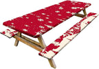 Picnic Table Cover with Bench Covers Set of 3, Elastic Fitted Tablecloth for 6 Foot Tables, Washable Polyester Tablecloths for Camping, Indoor & Outdoor