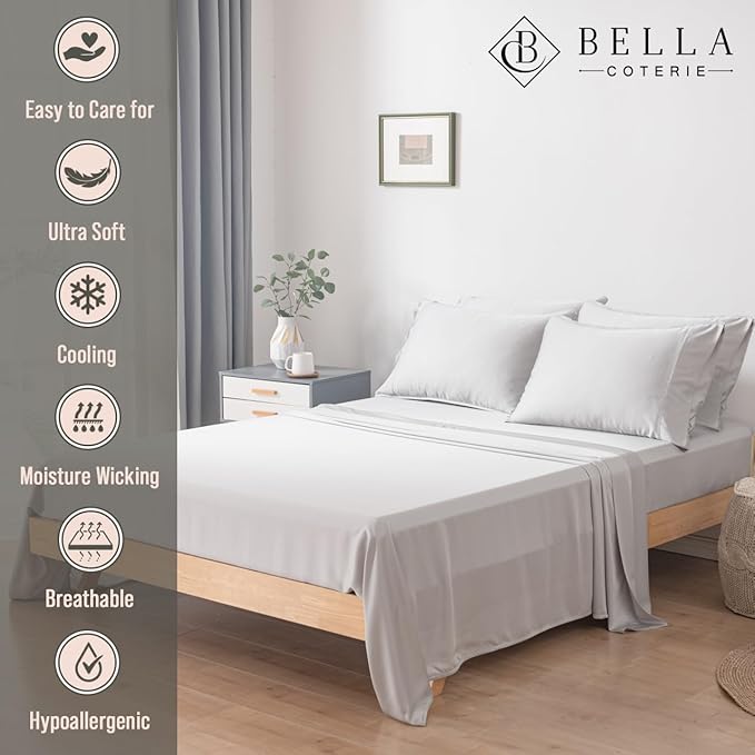 Bella Coterie 6 Piece Luxury Bamboo Viscose Queen Size Sheet Set | 100% Organically Grown | Cooling for Hot Sleepers | 18" Deep Pocket | Soft & Hypoallergenic | 4 Pillowcases [Grey Mist]