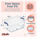 Tribello Plastic Storage Bins with Lids, Clear Stackable Storage Containers - 9.5 Qt - 2 Pack