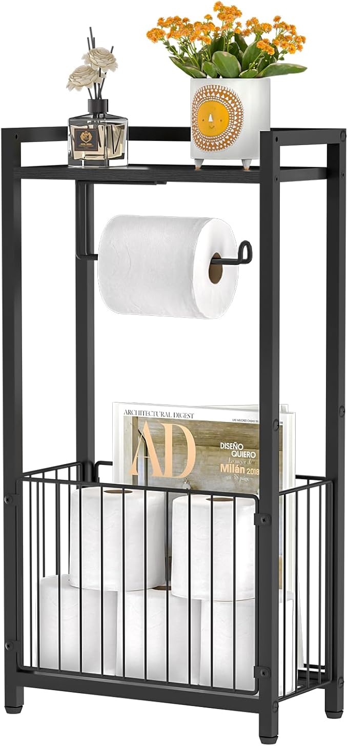 Freestanding Toilet Paper Holder with Storage Shelf – Bathroom Tissue Stand with Space for Phone, Tablet, and Magazines – All-in-One Toilet Roll Dispenser and Organizer