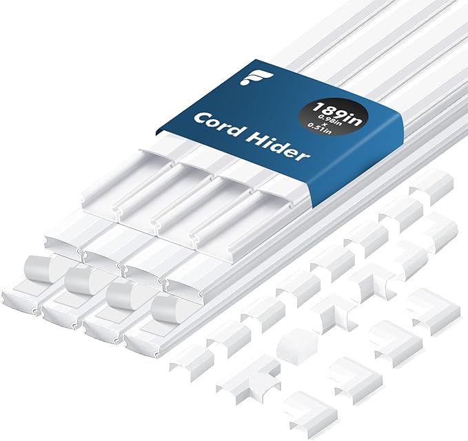 shinfly 189in Cord Hider Kit, Paintable Cable Raceway for Wall Mounted TV, Cord Covers for Wires on Wall, Wire Hider for TV Cables, White, 0.98” W x 0.51” H (15.75in x 12-Pack)