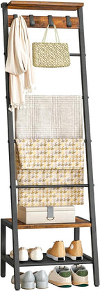 HOOBRO Blanket Ladder, 7-Tier Giraffe Shape Towel Rack for Living Room and Bedroom, 63.4" H Decorative Ladder Shelf with Hooks, Metal Frame, Industrial Style, Rustic Brown and Black BF13CJ01