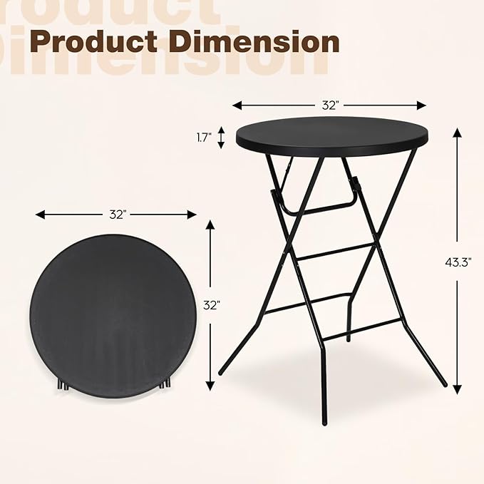 32" Round Folding Table, Portable Bar Height Folding Table with Detachable Legs, Round Foldable Table with HDPE Top for Standing Parties, Balcony, Event, Indoor Outdoor Use (Black, 1 Pack)