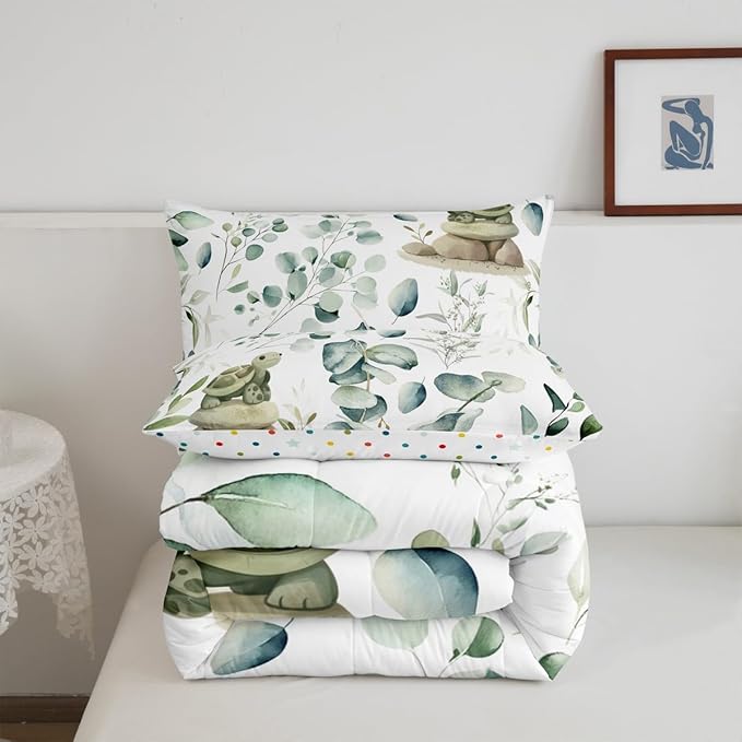 Erosebridal Kawaii Turtle Bedding King Size for Boys Girls Cartoon Animal Comforter Set King, Eucalyptus Leaves Duvet Insert Marine Wildlife Quilt Set, Tropical Plants Bedding Comforters & Sets