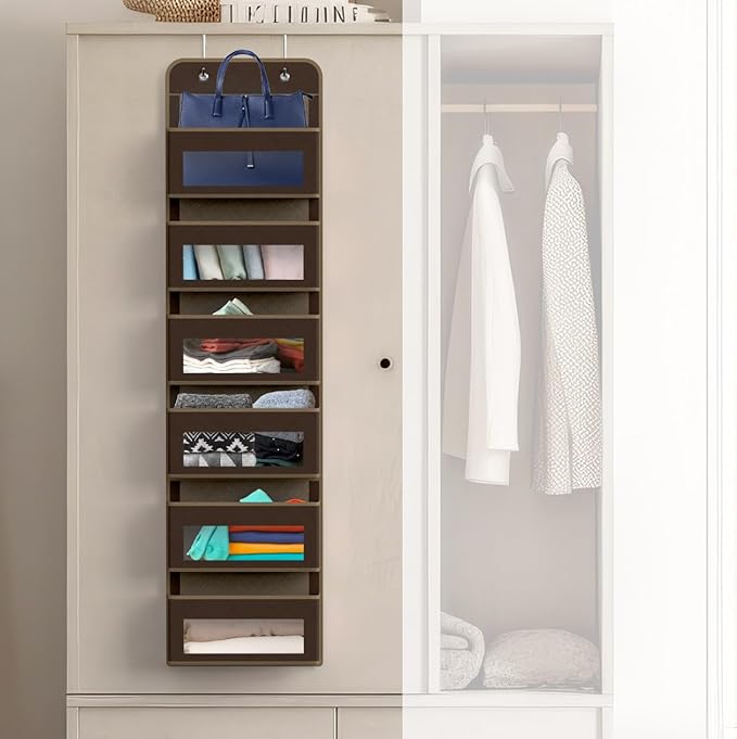Simple Houseware 6 Clear Window Pocket Over Closet Door Storage Hanging Organizer for Bedroom, Bathroom, Pantry, Brown