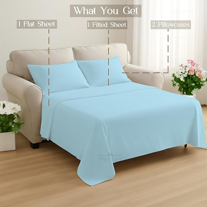 Sleeper Sofa 4 Piece Bed Sheet Set Premium Quality 100% Cotton 500 Thread Count, Smooth & Super Soft Sateen Weave, Extra Soft Bed Sheets, Wrinkle Free, 8 Inch Deep Pocket (Full, Light Blue)