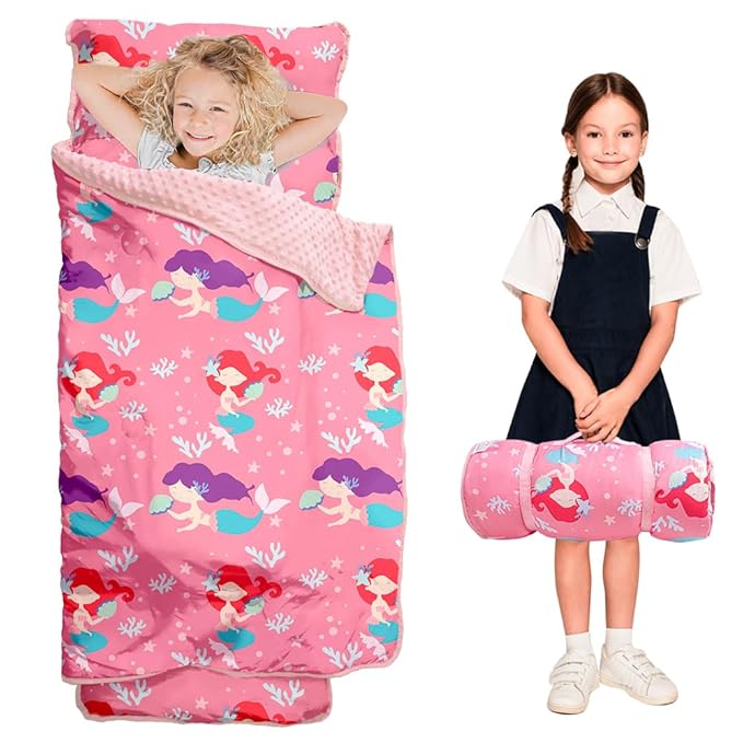 Toddler Nap Mat with Pillow and Minky Blanket, Large 55"x35" Sleeping Bag, Washable, Lightweight, Easy to Roll, Perfect for Preschool, Daycare, Kindergarten, Travel, Boys and Girls(Mermaid)