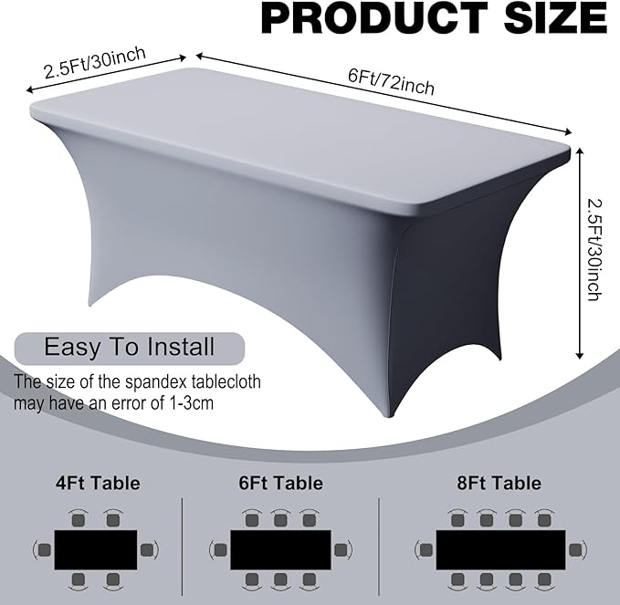 Trlyc 1 Pack 6FT Spandex Table Cloth - 72 x 30 Inch Rectangular Stretch Tablecloth, Wrinkle Resistant Scretch Table Cover for Wedding, Party, Banquet, Picnic, Outdoor Decoration (1Pcs,Grey)