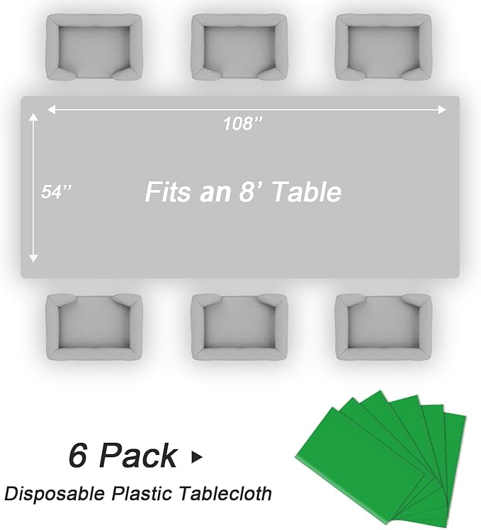 QIKSION Green Plastic Table Cloth Disposable 6 Pack, 54 x 108 Inch Tablecloths for St Patricks Day, Birthday Party, Christmas Decorations, Rectangle Table Cover