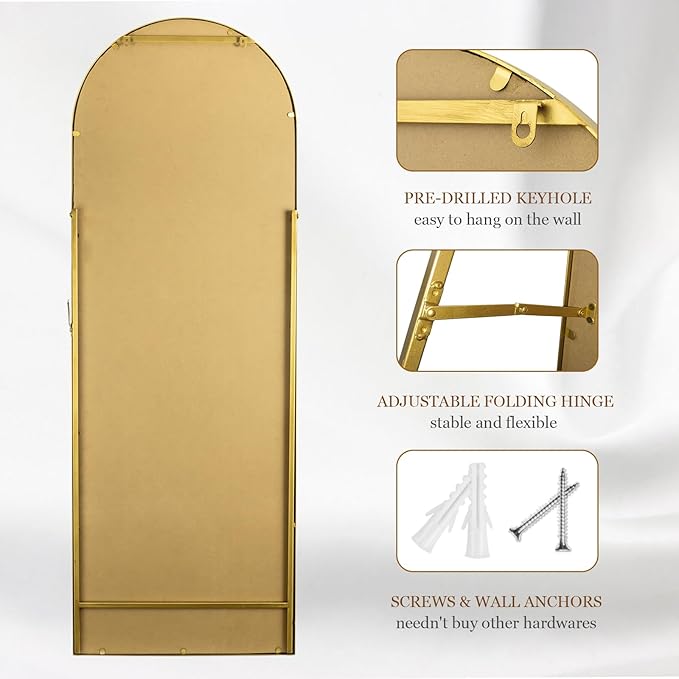 Arch Full Length Mirror with Stand, 65"x22" Floor Standing Large Dressing Mirror Hanging or Leaning Against Wall for Bedroom Living Room, Antique Gold