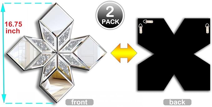 Crushed Diamond Decorative Mirror 2 Pack 16.75x16.75” Diamond Shape Glass Decor Wall Mirror for Home Decor, Accent Mirror
