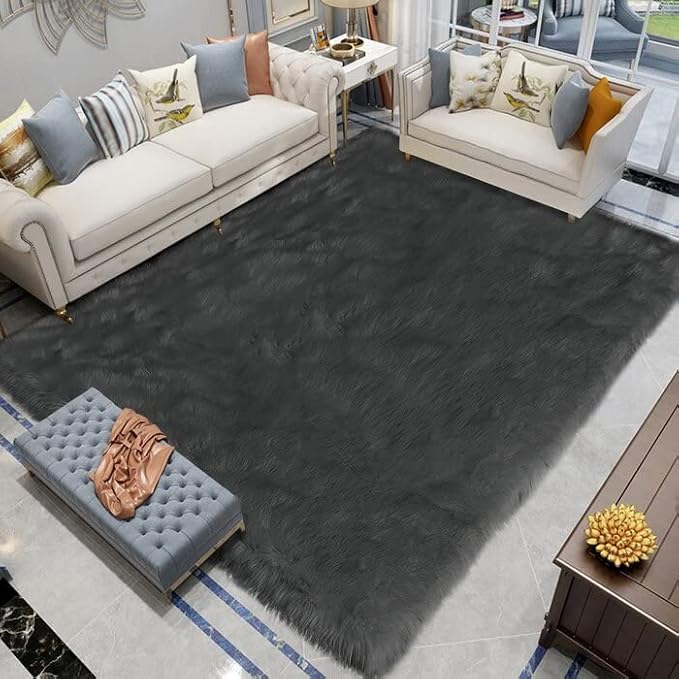 Latepis Large Rugs for Bedroom Dark Grey 6.7x10 Faux Sheepskin Fur Rug for Living Room Fuzzy Shaggy Furry Rug Luxury Home Decor Rectangle