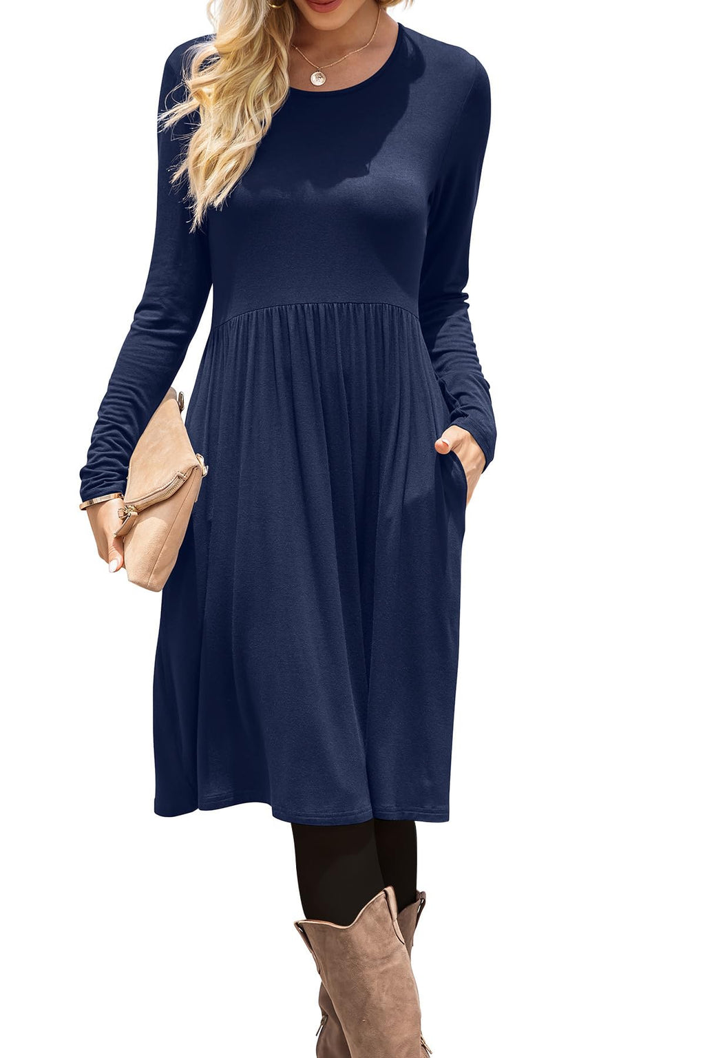 DB MOON Women Casual Long Sleeve Dresses Empire Waist Loose Dress with Pockets (Army Green, 2XL)