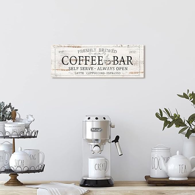 Coffee Bar Sign Decor Rustic Kitchen Canvas Sign Farmhouse Bar Hanging Wall Decor Self Serve Always Open Vintage Plaque Signs for Coffee Station Home Office 6x17
