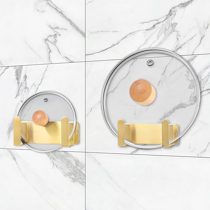 Pot Lid Rack, Wall Mounted 304 Stainless Steel Pan Lid Organizer Holder, Self Adhesive, Kitchen Cooking Utensil Tool(Gold,Set of 2)