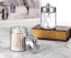 Amolliar 4 Pc Glass Apothecary Jars - Countertop Qtip Dispenser Holder with Stainless Steel Lids&Cute Stickers -Bathroom Vanity Storage Organizer Set for Qtips,Cotton Swabs/Rounds (Brushed Nickel)