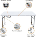 Lakhow Folding Table 4 Foot Portable Heavy Duty Plastic Fold-in-Half Utility Table with Carrying Handle,Indoor Outdoor Small Adjustable Height Folding,Camping and Party,White