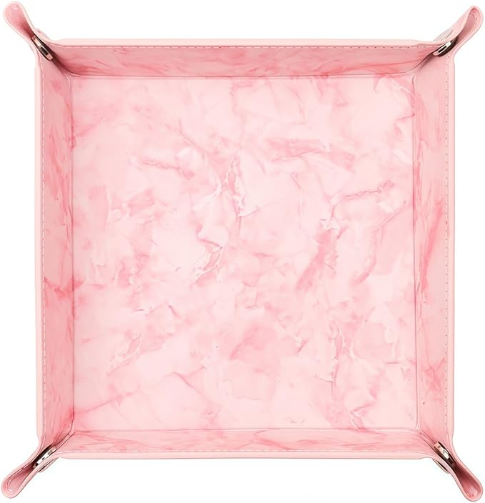 Valet Tray Desktop Storage Organizer – Vegan Leather Catchall Bedside Vanity Tray Nightstand Caddy Holder for Remote Controller, Watch, Keys, Phone, Wallet, Coin, Jewelry, Marble Pink