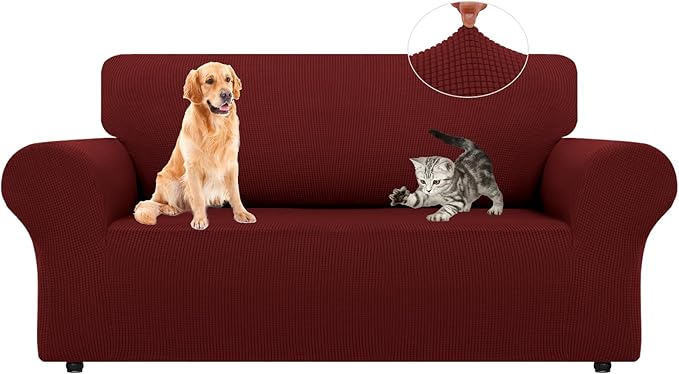 LURKA Stretch Loveseat Sofa Slipcovers 1 Piece Couch Covers for Sofa Furniture Protector Full Sofa Covers with Elastic Bottom for Kids and Dog (Medium,Dark Red)
