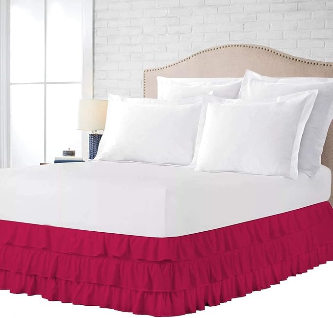 Multi-Ruffle Bed Skirt, Soft Multi Ruffle Bed Skirt Elastic Dust Ruffles with Wrap Around Bed Skirt Easy Fit with 18 Inch Drop 100% Cotton 800 Thread Count Bed Skirt (King XL, Hot Pink)