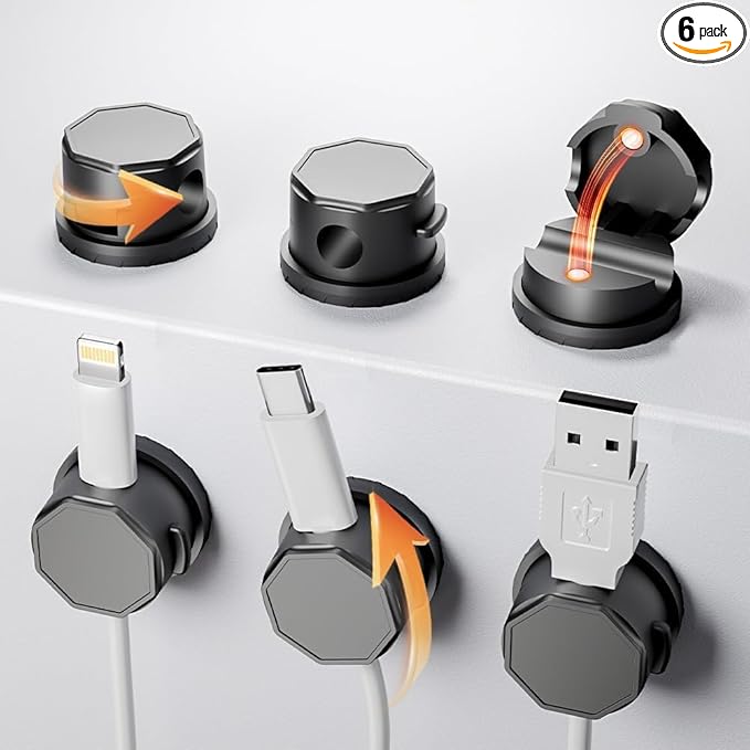 Cord Organizer Holder, 360° Rotatable Magnetic Cable Clips, Strong Adhesive Cable Management Desk Accessories, Adjustable Wire Organizer Hide Cords Neatly for Nightstand/Home/Kitchen/Office/Car