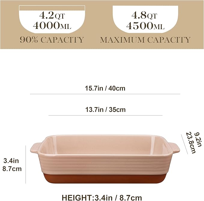 MALACASA 4.8 Qt Ceramic Oven Dish with Handles, 9 x 13 Inch Baking Dish Casserole Dishes, Deep Rectangular Lasagne Dishes Bakeware for Roasting (Khaki & Pink), Series TARA