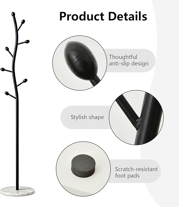 sawsile Black Coat Rack Freestanding,Coat Hanger Stand with Natural Marble Base,Modern Sturdy Metal Clothes Rack Standing Hall Tree Hanger for Hats,Scarf, Bag, Jacket