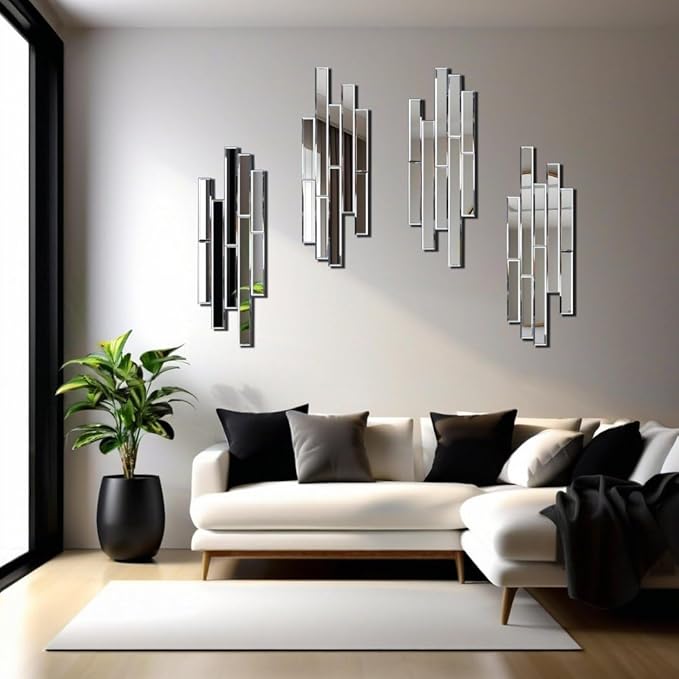 Artisan Set of 4 Silver Beveled Wall Decor Mirrors - 24x8 Inch Each, Creative Combination Design for Modern & Farmhouse Home Decor, Shatter-Resistant Glass with Wood Backing