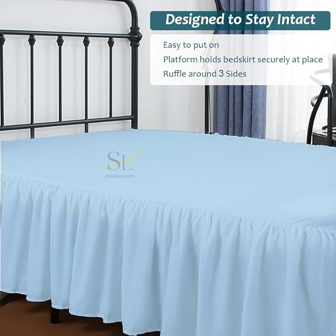 Shreem Linen Ruffled Bed Skirt with Split Corners, Gathered Style, 100% Microfiber, 24-Inch Drop, Dust Ruffle Bedskirt with Platform, Cal-King, Light Blue