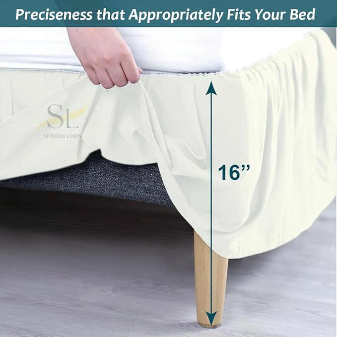 Shreem Linen Ruffled Bed Skirt with Split Corners, Gathered Style, 100% Microfiber, 16-Inch Drop, Dust Ruffle Bedskirt with Platform, Queen-XL, Ivory