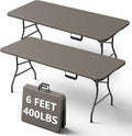 6FT Folding Table, Heavy Duty Plastic Fold-in-Half Utility Table with Handle, Portable Camping Picnic Table with Steel Legs for Indoor Outdoor Party, Dining, Khaki,2 Pack