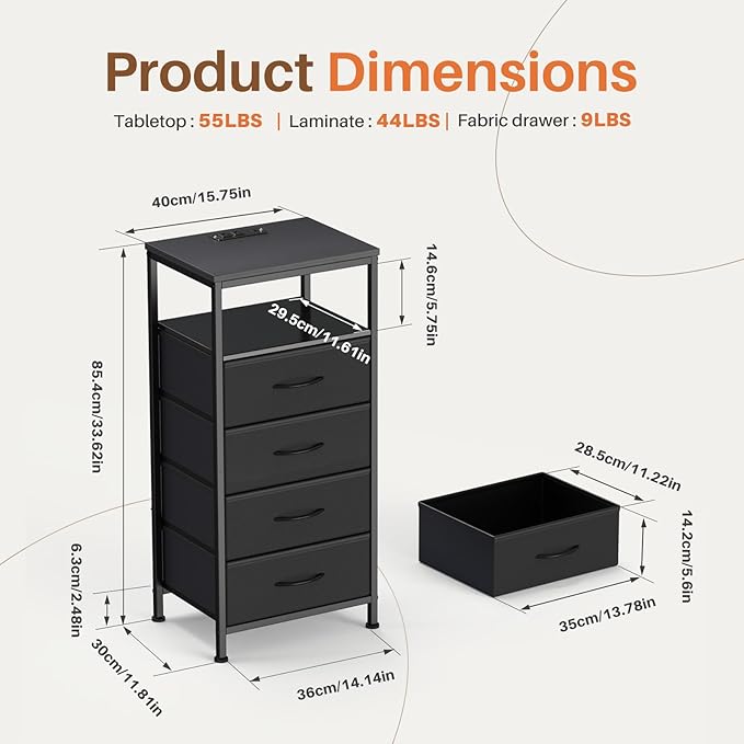 DUMOS Nightstand with Charging Station, LED Night Stand with 4 Fabric Drawers, Bedside End Table with USB/Type-C Ports and Outlets for Bedroom Furniture, Adjustable Feet, Black