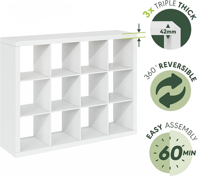 Furinno Cubicle Book Shelf, 12-Cube Bookshelf, Triple Thick Frame Cube Storage