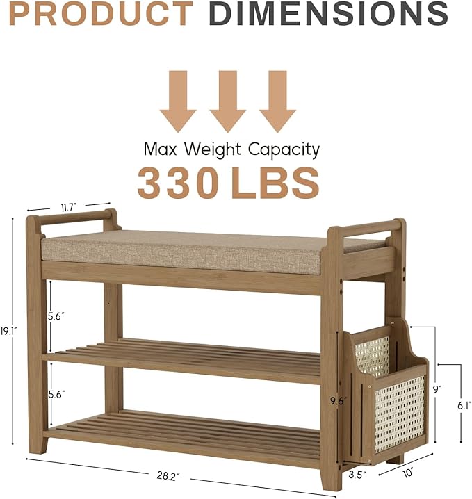 Homaxy 2-Tier Shoe Rack Bench with Side Holder, 28.2 in Bamboo Entryway Bench, Shoe Rack Organizer with Cushion for Front Entrance, Hallway Living Room Bedroom, Walnut and Light Brown