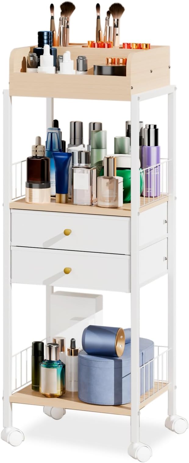 Makeup Organizer Cart Shelf Floor Skincare Organizers Make Up and Station Storage Cabinet For Vanity Standing Cosmetics With Drawers and Wheels For Nail Polish Perfume Hair Tool Holder Beauty(White)