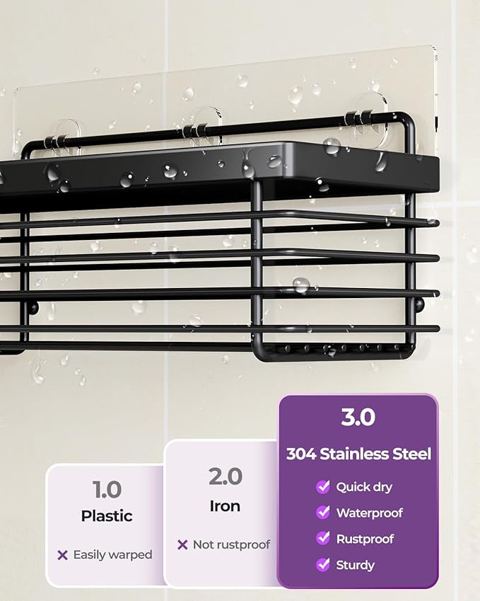 ODesign Shower Caddy 3 Pack SUS304 Stainless Steel-No Drilling-Shower Bathroom Shelves Rack,Rustproof Wall Mounted,Adhesive Shower Shelf Basket Organizer-Black