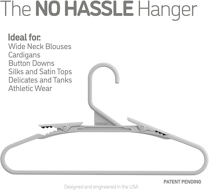 No Hassle-Hangers Best Clothes Hanger Ultra Soft Rubberized Grip Clip Keeps Garments in Place and Off the Floor. Perfect for Wide Neck Silks & Satin Tops, delicates, Athletic wear. (10, Modern Black)