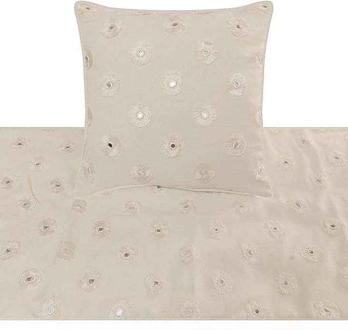The HomeCentric King Queen Twin White Decorative CA King 86"x18" Bed Runner with 2 Pillow Cover, Mirror Embroidery Bed Scarf on Cotton Fabric - Mirror Lover