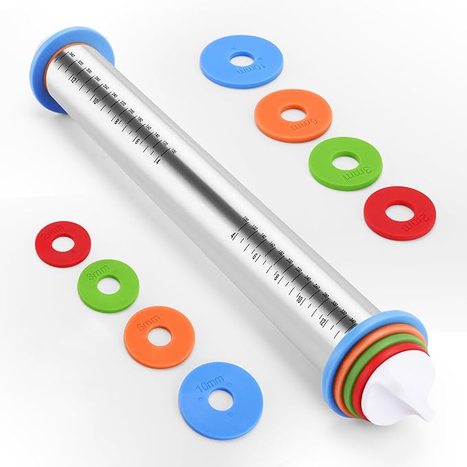 Rolling Pin with Adjustable Thickness Rings for Baking,Stainless Steel Dough Roller,Baking Supplies for Cookie Fondant Pizza Cake Pasta
