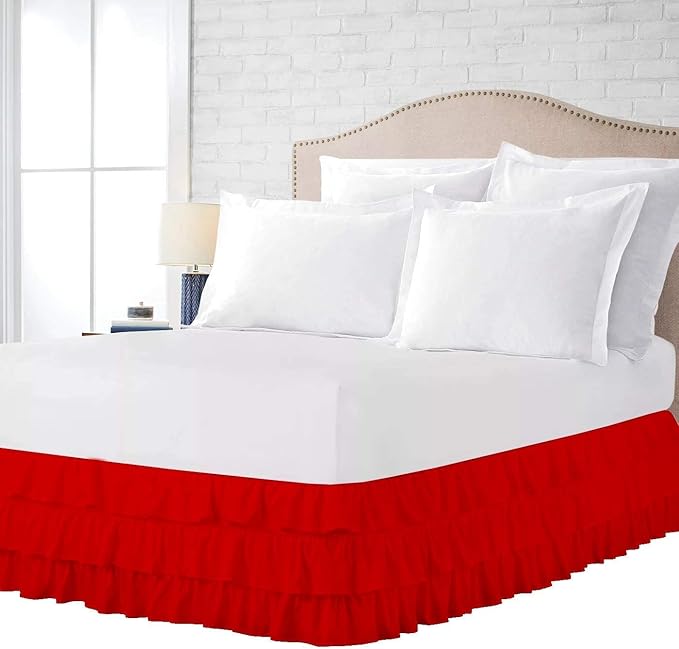 Multi-Ruffle Bed Skirt, Soft Multi Elastic Dust Ruffles with Wrap Around Bed Skirt Easy Fit with 18 Inch Drop 100% Cotton 800 Thread Count (RV King, Red)