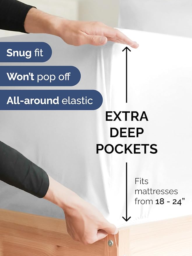 Extra Deep Twin XL Fitted Sheet - Hotel Luxury Single Fitted Sheet Only - Easily Fits 18 inch to 24 inch Mattress - Ultra Soft, Wrinkle & Fade Free w/Extra Deep Pockets - Breathable & Comfy - White