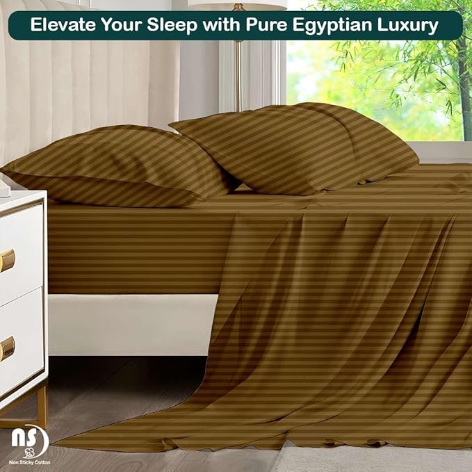 NON Sticky cotton Twin Size Sleeper Sofa Sheets, 4 Piece Egyptian Cotton Bed Sheet Set for Sofa Bed, 10" Deep Pocket for Pull Out Couch Mattress, 39" x 75", Taupe Stripe, Soft & Breathable