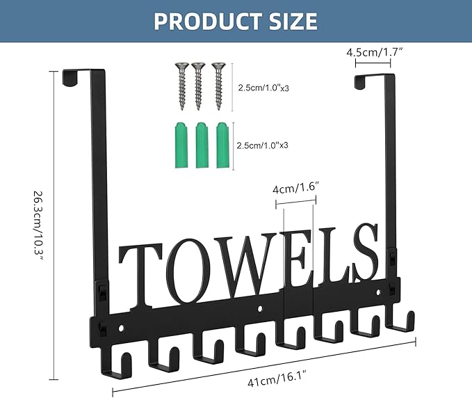 Azmoncy Over The Door Hooks, Towel Rack for Bathroom Towel Holder for Hanging Heavy Duty, Wall Mount Towel Hanger with 8 Hooks for Bedroom Bathroom Pool Kitchen Towels, Bag, Coats, Black