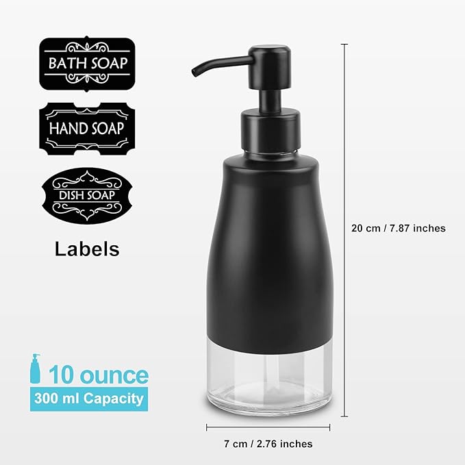 AUMIO Soap Dispenser with Non-Slip Silicone Pad, 2 Pack Kitchen Dish Refillable Liquid Dispensers, Matte Black Hand Soap Dispenser for Bathroom, Stainless Steel Case Glass Liner Hand Pump Dispensers