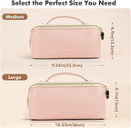 Prite Makeup Bag for Women Travel Waterproof Vegan Leather Cosmetic Bag Open Flat Toiletry Bag With Clear Divider and Handle (Pink, Medium)