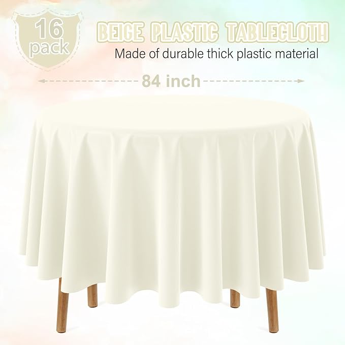 16 Pack Beige Plastic Tablecloths for Round Tables, Premium Decorative Ivory Disposable Table Covers for Parties, Round Cream Party Table Cover for Birthday Wedding Baby Shower Graduation, 84 Inch