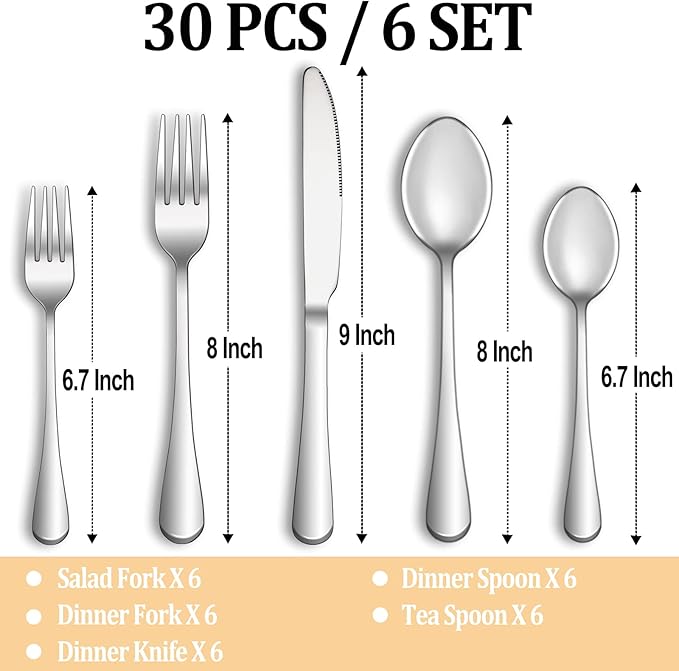 MUTNITT 30 Pcs Silverware Set Service for 6,Premium Stainless Steel Flatware Set,Mirror Polished Cutlery Utensil Sets,Durable Kitchen Eating Tableware Sets,Include Fork Knife Spoon,Dishwasher Safe