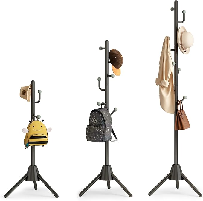 Heavy Duty Anti-Tip Coat Rack with 8LB Stable Weighted Base, [80LB Load Tested] Metal Standing Tree with 8 Hooks, 3-Height Adjustable Space Saving Clothes Organizer for Entryway, Bedroom, Office